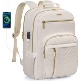 WELIDAY Laptop Backpack for Women, Work Travel Computer Bags, Quilted Casual Daypack with USB Port, Waterproof Computer Backpack Fit 15.6 Inch Laptop (Beige)