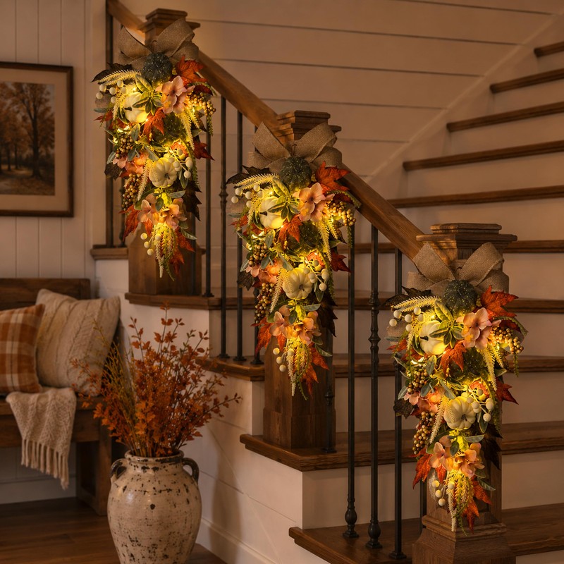 Svndlyn 24 Inch Lighted Fall Teardrop Swag with Timer and