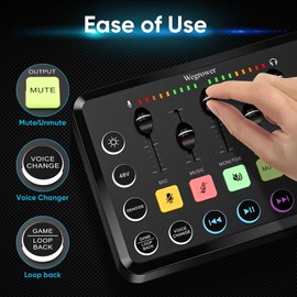 Wegrower Rechargeable Audio Mixer for Gaming & Podcasting - 48V Phantom Power, Dual Mic Inputs, RGB Lighting, 1-Click Noise Cancel, Voice Changer, Plug & Play (W-11)