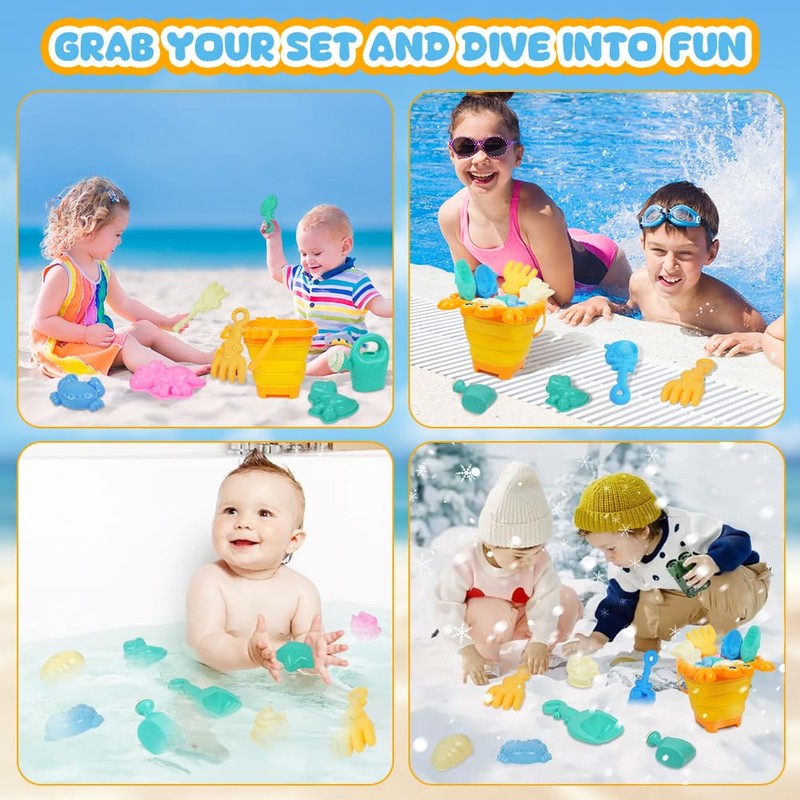 Adiwo Beach Sand Toys Set, 12 PCS Foldable Sand Bucket