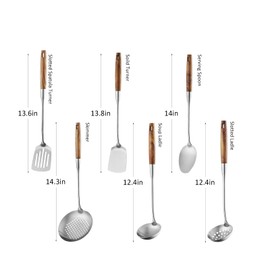 6 Pcs Cooking Utensils Set 304 Stainlss Steel Kitchen Utensils Set Heat Resistant Wooden Handle Kitchen Tools Metal Kitchen Utensil Soup Ladle Set, Dishwasher Safe