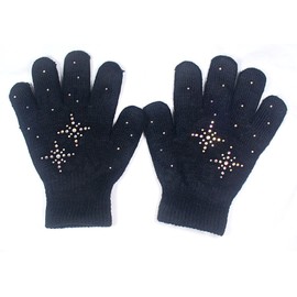 Fashion Every Day Girls Ice Skating Gloves Magic Stretch with Rhinestones Snow Flakes (Black/Ab Clear, one size)