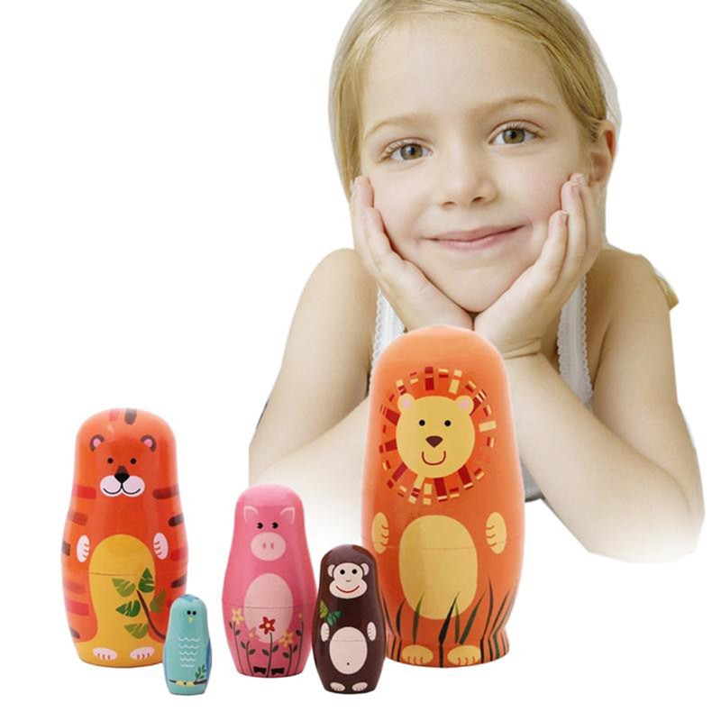5PCS Animals Russian Dolls Cute Cartoon Animal Pattern Doll Gifts