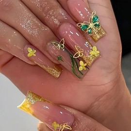 Press on Nails Long Square Fake Nails Gold Glitter False Nails with 3D Butterfly Design Glue on Nails Rhinestone Full Cover Acrylic Nails French Stick on Nails Press ons for Women Manicure 24Pcs