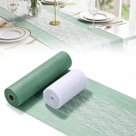 Table Decoration Set Eucalyptus Green, Fleece Table Runner 0.3 m x 25 m + Lace Ribbon White 0.15 m x 25 m - 2 Rolls of Table Runner to Cut to Size for Communion, Christening, Confirmation
