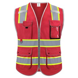 Rhino Hit Reflective Safety Vest - High Visibility, Multi-Function Pockets, Durable, Breathable, Lightweight, Red, Medium