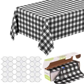 KAshack 54 in X 32.8 Ft Plastic Table Cloth Roll Disposable Black White Gingham Tablecloth with Slide Cutter Box for Rectangle Round Tables,Picnic,Camping,Party,Happy Birthdays,[with Fixed Stickers]