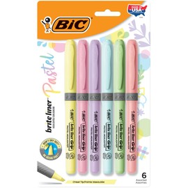 BIC Brite Liner Grip Highlighters, Chisel Tip, Assorted Barrel, Assorted Pastel Ink, Pack of 6 Highlighters