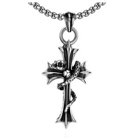Rockyu Popular Brand Necklace for Men, Popular Cross Stainless Steel Antique Black Cross Pendant Snake, Stainless Steel, black