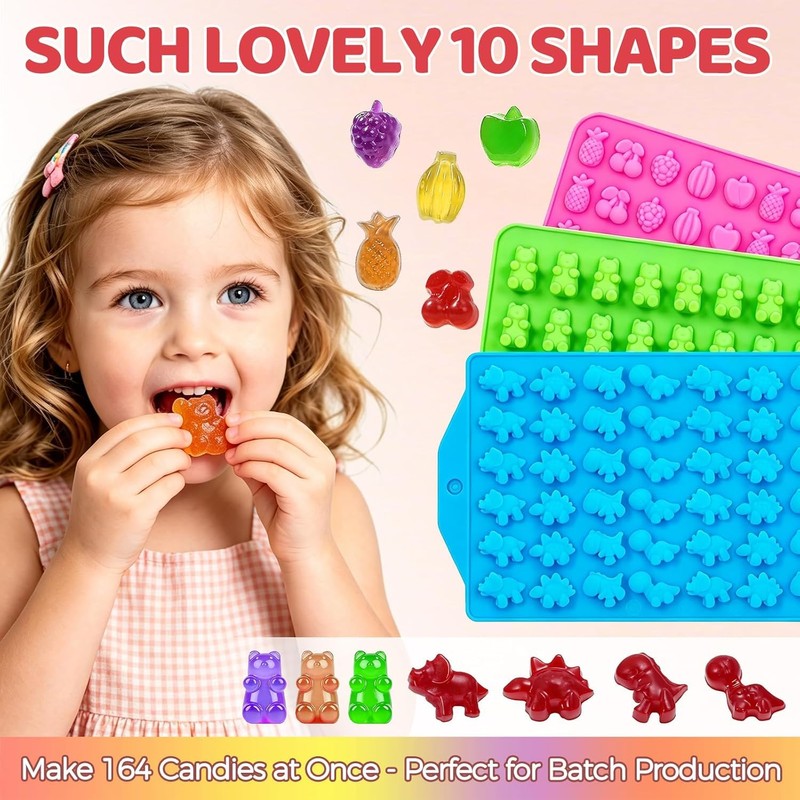 Gummy Candy Molds with 2pcs Droppers, Silicone Bear Dinosaur Fruit