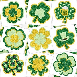 72 Pieces Glitter Shamrock Temporary Lucky Clover Glitter Stickers St. Patrick's Day Irish Sticker Parade Party Favors Decorations, 9 Styles