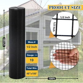 Sunnyglade Hardware Cloth, 1/2 Inch 48" x 100 ft Black Vinyl Metal Mesh Roll, 19 Gauges Chicken Wire Fence Roll, Welded Wire Fencing PVC Coated Wire Fence Rolls for Chicken Coop, Poultry (Black)