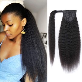 Strap Wrap Around Yaki Ponytail Human Hair Extensions, 100% Unprocessed Brazilian Hair Ponytails, Magic Paste with Comb Clip in Long Kinky Straight Pony Tail (12")