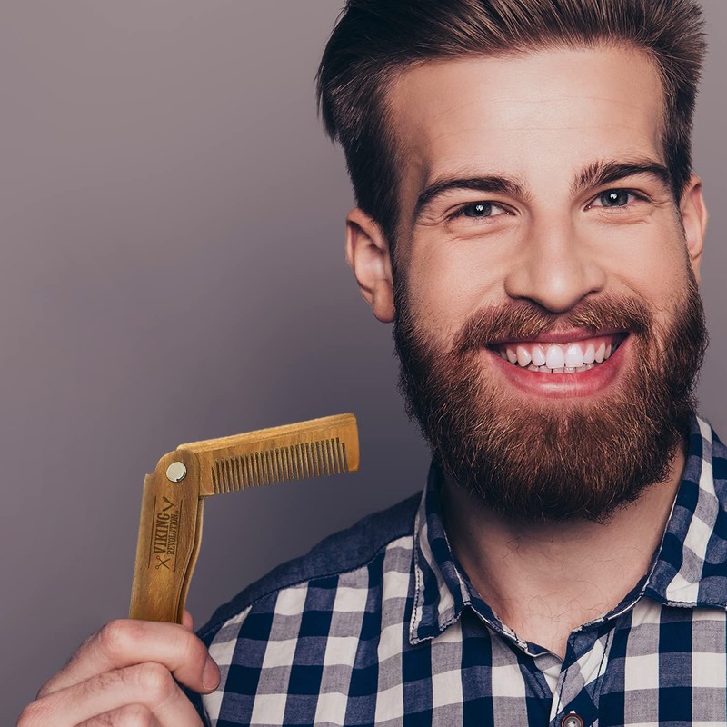 Folding Beard Comb for Men w/Carrying Pouch - All Natural