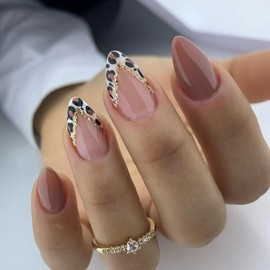 Almond Press on Nails Short French Fake Nails with Leopard Designs Acrylic Nails Full Cover V-Shaped Nails Tip Reddish Brown Glue on Nails Reusable Artificial False Nail for Women Girls, 24Pcs