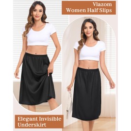 Vlazom Women's Half Slips, Satin Silky Long underskirts for dresses Lace Hem Soft Petticoat for Under Dresses Black,M