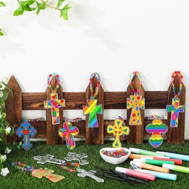 Sonwyoung 30 Sets Cartoon Cross Suncatchers Craft Kits, Christian DIY Glow in The Dark Suncatcher Kits Bulk Religious Stained Glass Window VBS Paint Art for Sunday School Easter Art Party Favors