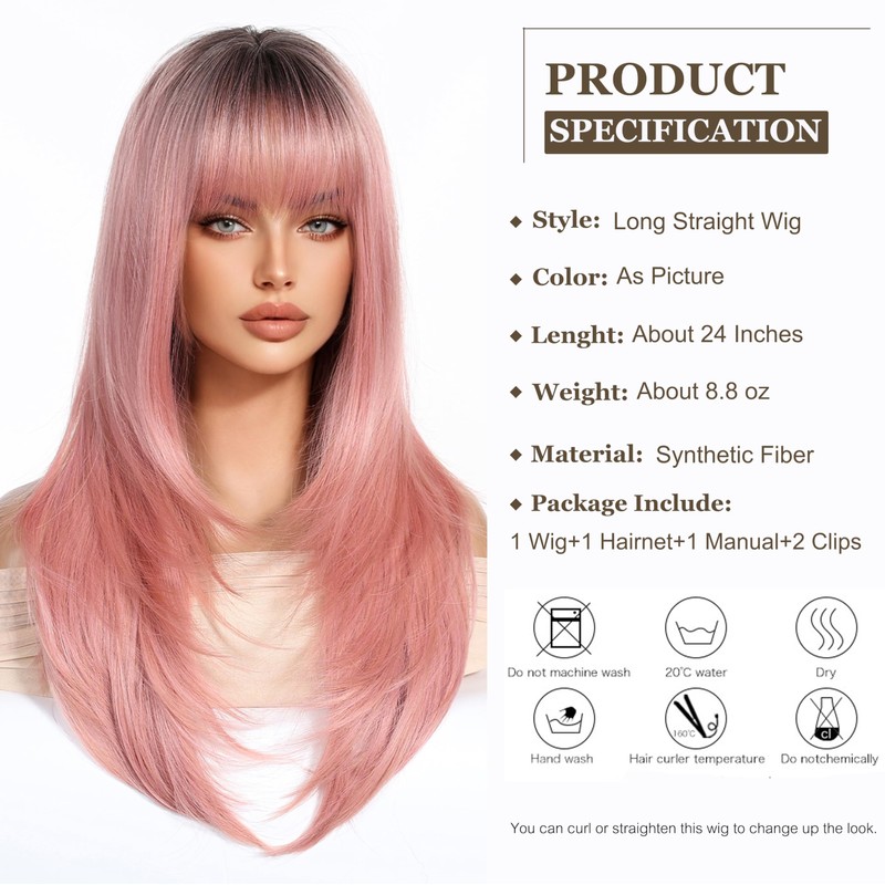 Esmee Synthetikhaar-Perücke für Damen - Langer Glatter Gestufter Pink-Ton mit
