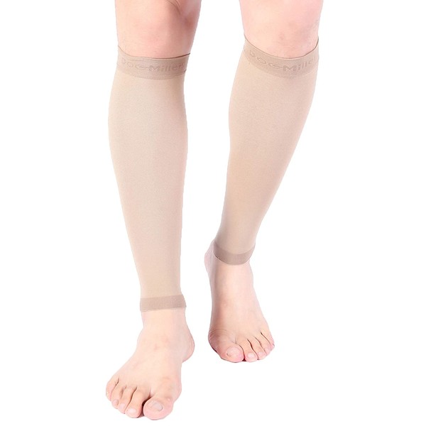 Doc Miller Calf Compression Sleeve - 1 Pair 20-30 mmHg Strong Calf Support Socks Graduated Pressure for Maternity Recovery Shin Splints Varicose Veins for Men & Women (Tan Skin, Small)