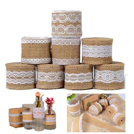 Juteband Mit Spitze,Mercy World 8X2M Juteband Spitzenband 8 Rolle Vintage Hessische Natürliche Sackleinen Band mit Weisse Spitzen für DIY Handwerk Hochzeit Party Weihnachten Deko