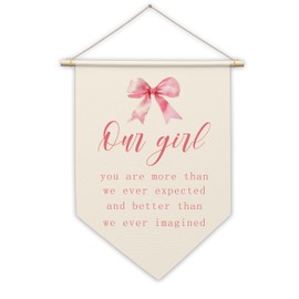 Inspirational Canvas Hanging Pennant Flag, Our Girl - Hanging Banner Wall Sign Decor Gifts, Pink Bow Nursery Bedroom Decor, Birthday Christmas Wall Art Decoration Gifts For Baby Kids Girls, 19