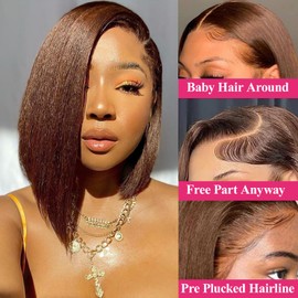 Hihmarm Chocolate Brown Lace Front Bob Wig Human Hair 13x4 HD Lace Front Wigs Human Hair Pre Plucked Short Straight Bob Lace Frontal Wigs For Black Women 4# Colored Glueless Wig 180% Density 12 Inch