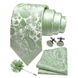 GUSLESON Sage Green Tie for Wedding Mens Silk Paisley Necktie Pocket Square Cufflinks and Lapel Pin Brooch Set (6105-48)