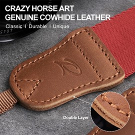 Padwa Lifestyle Red Camera Strap - Double Layer Crazy Horse Cowhide End,1.5" Wide Pure Cotton Woven Camera Straps,Adjustable Neck Shoulder Strap for All DSLR Cameras,Gift for Photographers