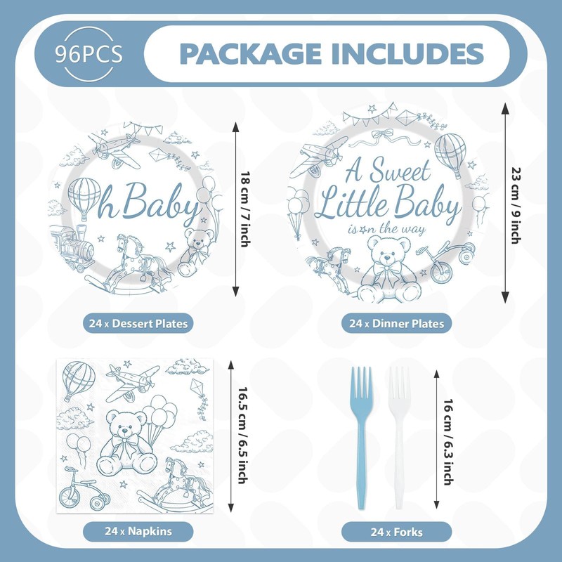 96 Pcs Blue Bear Baby Shower Toile De Jouy Party
