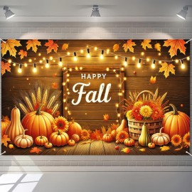 HOMETITUTE Happy Fall Banner 71x43 Inchs Autumn Thanksgiving Theme Outdoor Decorations Autumn Maple Leaves Pumpkins Backdrop Banner Fall Thanksgiving Party Supplies Yard Decor