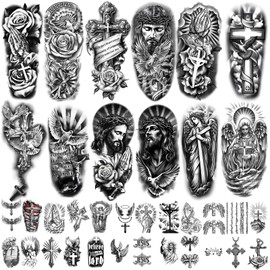 77 Sheets Christian Cross Temporary Tattoo for Women Men, 17 Sheets Half Arm Large Religious Jesus God Fake Tattoos, 60 Sheets Angels Black Christ Tiny for Adult Kids Body Tattoos Stickers Realistic