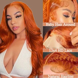 FASCARA Ginger Orange 13x4 Body Wave Lace Front Wigs Human Hair Pre Plucked with Baby Hair HD Transparent Lace Frontal Wig 180% Density Glueless Brazilian 350 Colored for Women Wigs 20 Inch