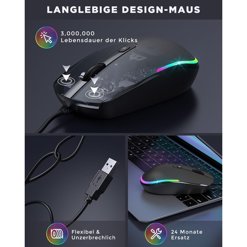 seenda Maus mit Kabel, PC Computermaus mit Kabel, 1600 DPI