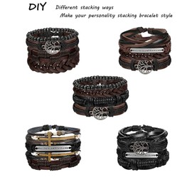 KALVICA 12Pcs Leather Bracelet for Men Women Fashion Punk Braided Wrap Set Adjustable Tree Bracelet Black Braided Leather Bracelet Jewelry