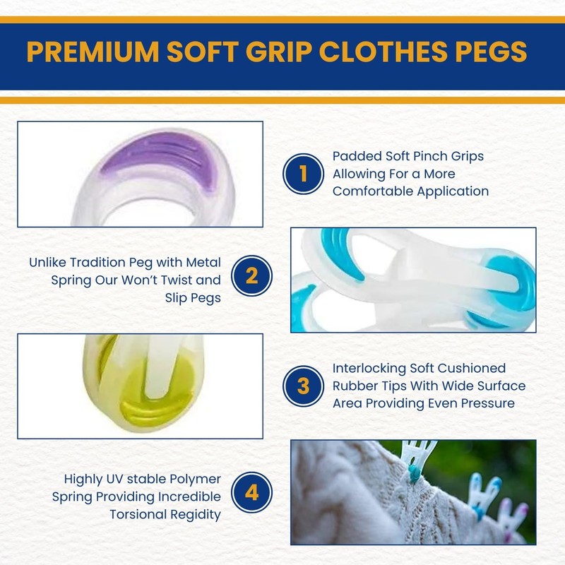 Strong Soft Grip Clothes Pegs for Washing Line Laundry Versatile