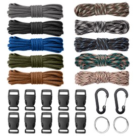 AYMQC Paracord Combination Sets Paracord Cord 550 Type Survival Ropes DIY Parachute Cord Bracelet Craft Sets with 10 Release Buckles, 2 Carabiners, 2 Key Rings