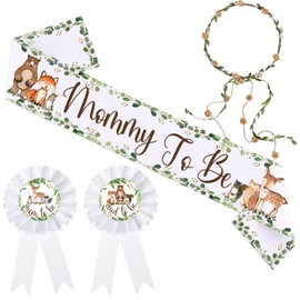 Woodland Animal Theme Mom to Be Sash for Baby Shower Decorations, Dad to Be Pin and Flower Crown Headband Cute Satin Baby Shower Sash for Gender Reveal, Party Favors, Pregnancy Props Keepsake