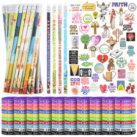 Kolewo4ever 400pcs Christian Party Favors Include 200 Christian Stickers, 100 Silicone Wristbands, 200 Bible Verse pencil Bulk for Religious Gift Christian Gathering Party Supplies