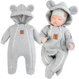 CiuchCiuch Baby Warm Sweat Jumpsuit - For Children - Girls - Boys - With Feet - With Hood and Ears - 80% Cotton, 20% Polyester, gray