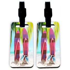 Flip-Flops on Beach Pink - Hardboard Luggage Identifier Tags with Straps (x2)