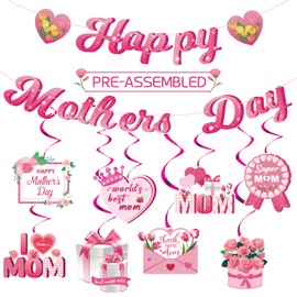 GULWAT Happy Mother's Day Hanging Swirls Decorations - Pink Glitter Banner Garland Set, Best Mom Ever Party Supplies for Office Wall Home Decor Photo Props