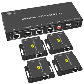 VEDINDUST HDMI Splitter Extender 1 in 4 out 50 m (165 ft), via Cat5e / 6/7 Ethernet HDMI Transmitter Receiver Super Setting EDID 1080p POC (Requires TX Power Supply Only)