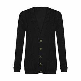 LUXE DIVA New Womens Everyday Long Sleeve Button Top Ladies Chunky Aran Cable Knit Grandad Cardigan UK Size 8-26 Black