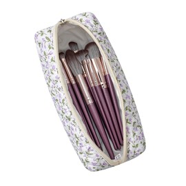 WHHJM Cute Floral Makeup Brush Bag Small Cotton Quilted Cosmetic Bag for Women Travel Toiletry Zipper Make Up Pouch (Purple Floral)