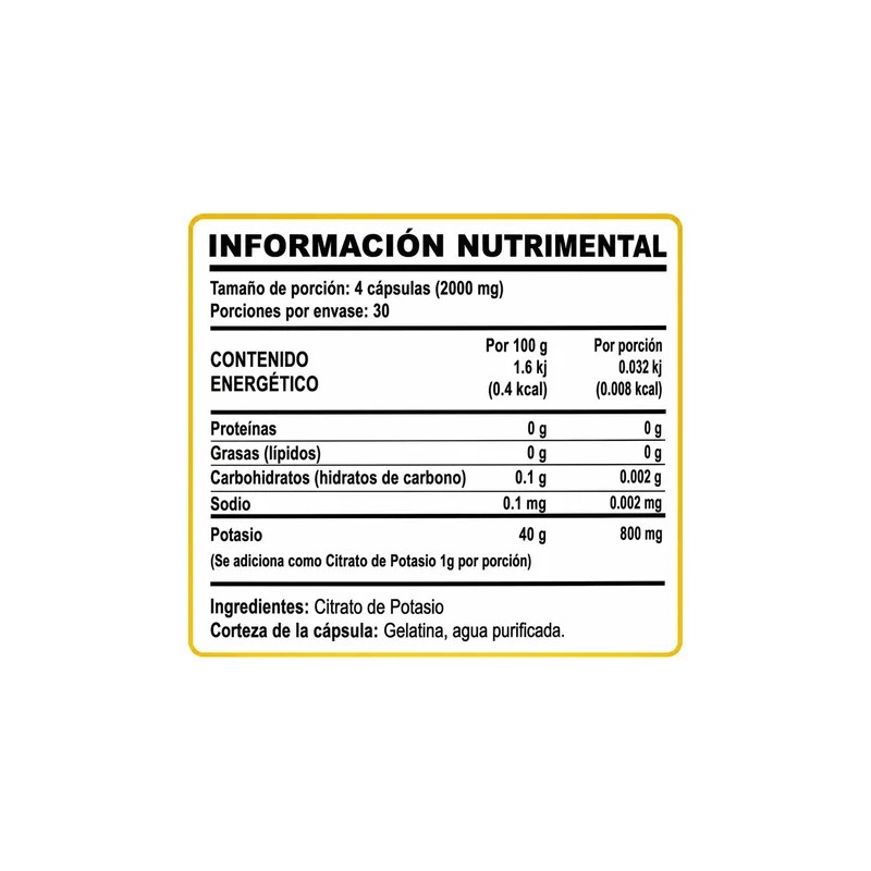 Citrato Potasio 120 Cápsulas Well Rounded 2000mg Porción Sabor
