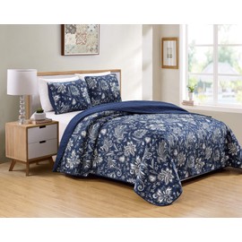 Better Home Style 2 Piece Navy Dark Blue Luxury Lush Soft Floral Flowers Paisley Printed Design Quilt Coverlet Bedspread Oversized Bed Cover Set # Janna (Twin/Twin XL)