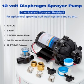 5.5GPM 12 Volt Sprayer Pump, Soft Wash Pump, 60PSI, 10 Amps, Chemical and Corrosion Resistant, Compatible with Roundup, Pressure Switch and Self-Priming for Agricultural Spraying, Soft Wash System