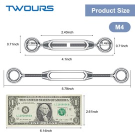 Eye & Eye Turnbuckles Twours 304 Stainless Steel Heavy Duty Turnbuckle Wire Rope Cable Tensioner Adjustable O to O Turnbuckle for Shade Sail (5/32" (M4) - 5PCS)