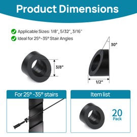 HOPUMTAN 20Pack Black Angle Beveled Washer Cable Railing Kit Angle Washer 25 30 35 Degrees T316 Stainless Steel Cable Railing Hardware for 1/8" to 3/16" Stair Metal Wood Post HC08