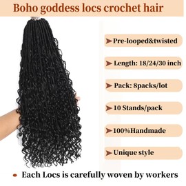 FALEMEI Boho Locs Crochet Hair 18 Inch Goddess locs Crochet Hair for Black Women 8 Packs Boho Faux Locs With Curly Ends Pre Looped Bohemian Soft Locs (1B#, 18 Inch (Pack of 8))